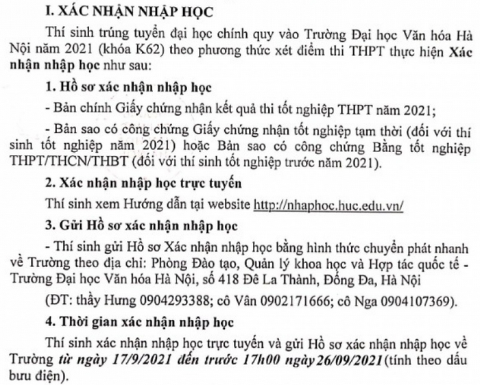 Dai hoc Van hoa Ha Noi cong bo ho so nhap hoc 2021