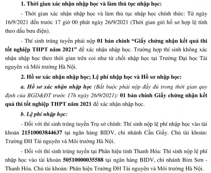 Thu tuc nhap hoc DH Tai nguyen va Moi truong Ha Noi nam 2021