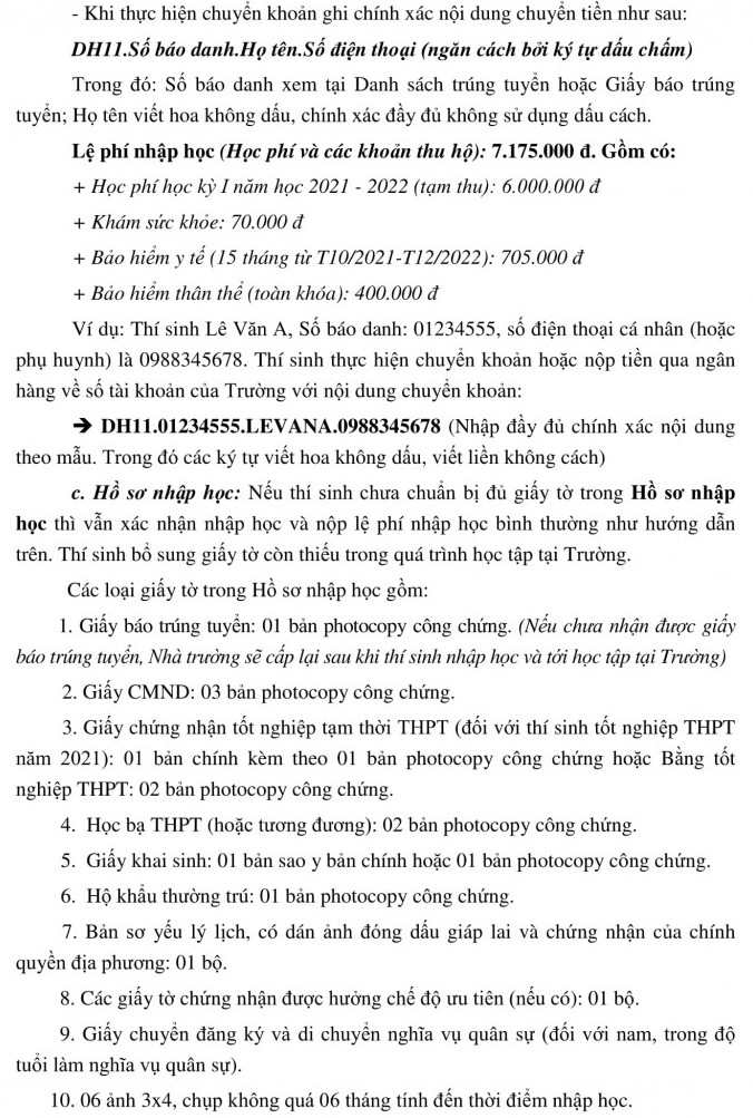 Thu tuc nhap hoc DH Tai nguyen va Moi truong Ha Noi nam 2021