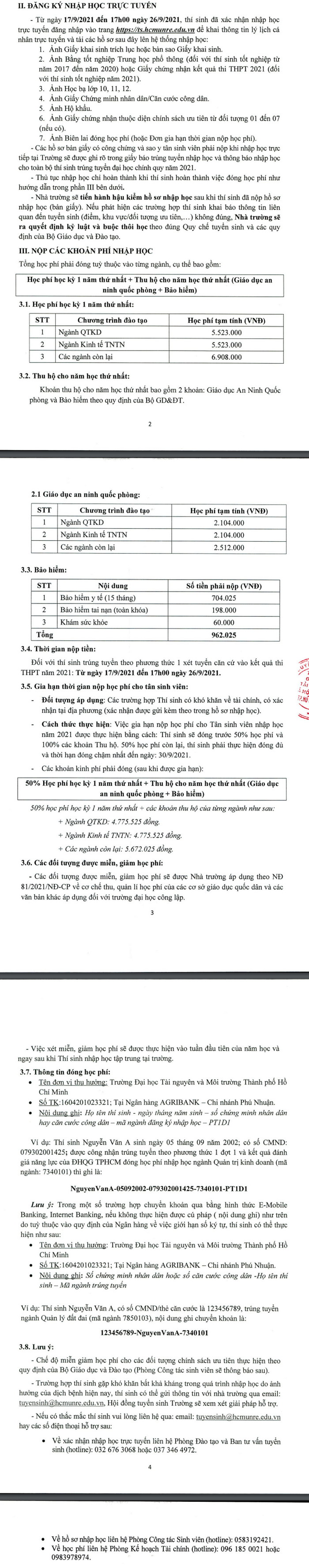 Ho so nhap hoc 2021 DH Tai Nguyen va Moi Truong TP.HCM