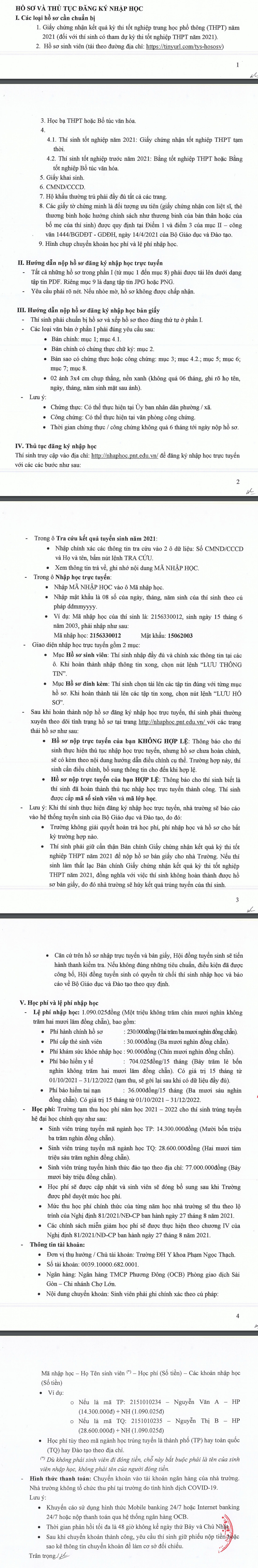 Ho so nhap hoc nam 2021 Dai hoc Y Khoa Pham Ngoc Thach