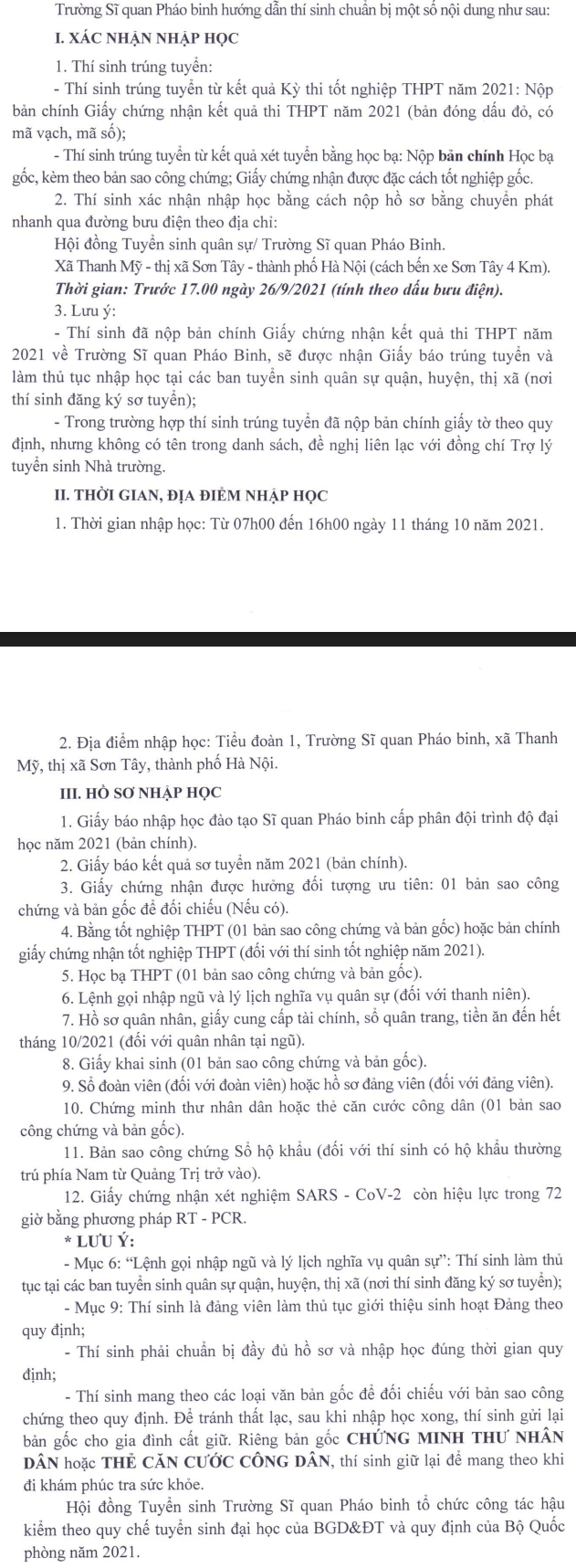 Truong Si quan Phao binh cong bo ho so nhap hoc 2021