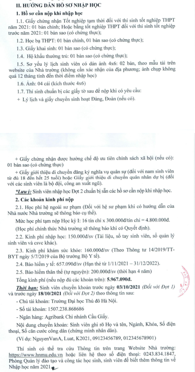 Thu tuc nhap hoc Dai hoc Thu Do Ha Noi nam 2021