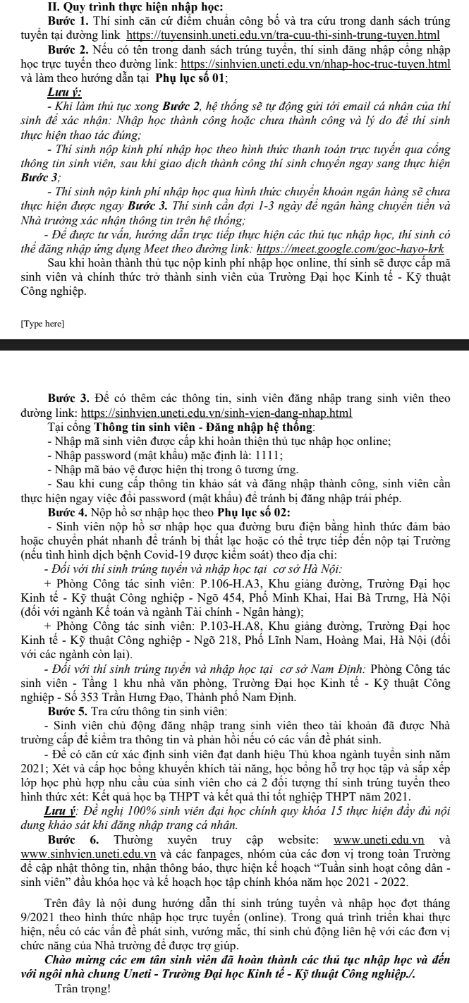 Thu tuc nhap hoc Dai hoc Kinh Te Ky Thuat Cong Nghiep 2021