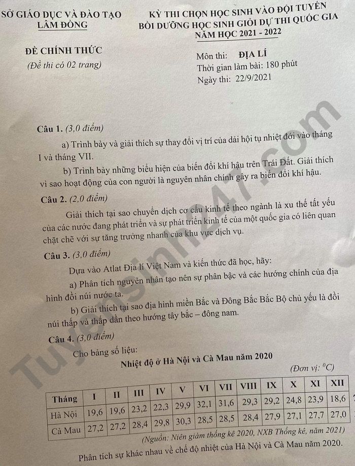 De thi chon doi tuyen HSG quoc gia 2021 - tinh Lam Dong mon Dia
