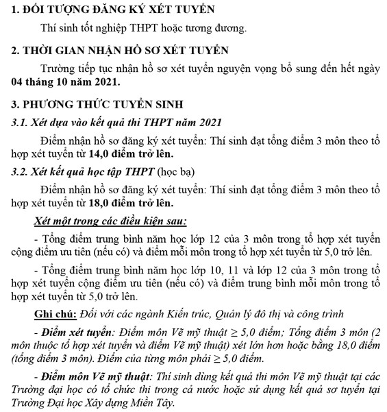 Dai hoc Xay dung Mien Tay xet tuyen bo sung nam 2021