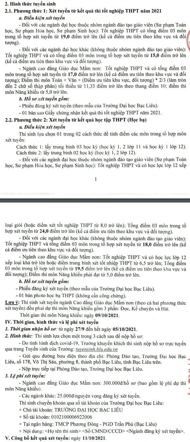 Dai hoc Bac Lieu xet tuyen bo sung dot 1/2021