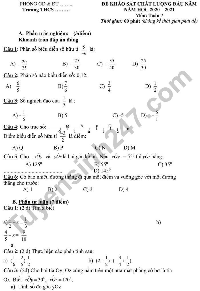De khao sat chat luong dau nam 2021 mon Toan lop 7 -  Co dap an