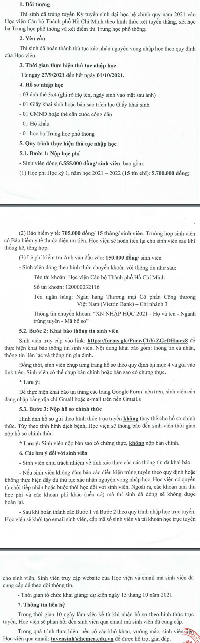 Thu tuc nhap hoc Hoc vien Can bo TPHCM nam 2021
