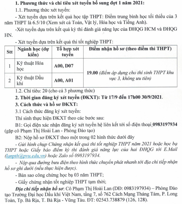Dai hoc Dau khi Viet Nam xet tuyen bo sung dot 1/2021