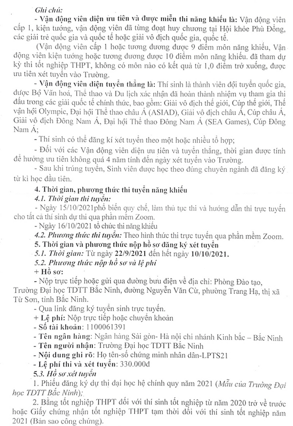 Dai hoc The duc the thao Bac Ninh xet tuyen bo sung 2021