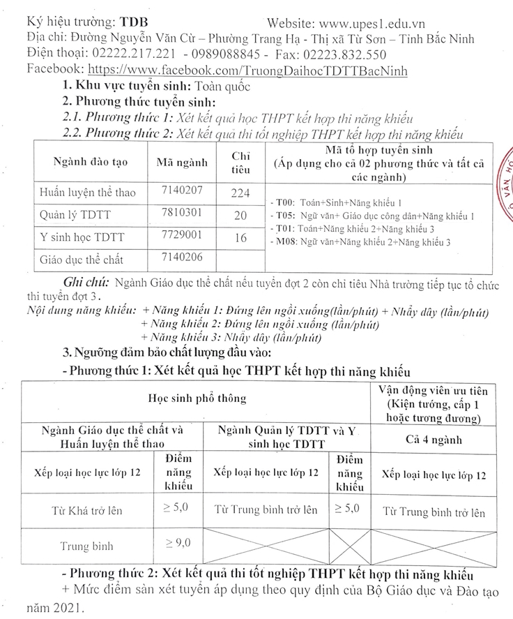 Dai hoc The duc the thao Bac Ninh xet tuyen bo sung 2021