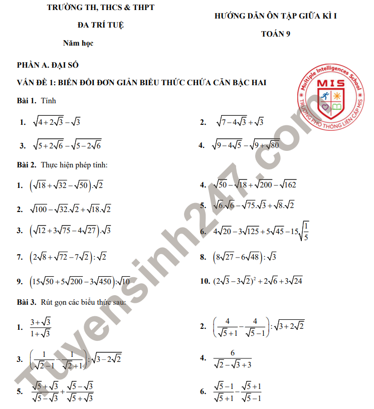 De cuong on tap giua ki 1 lop 9 mon Toan 2021 - THPT Da Tri Tue