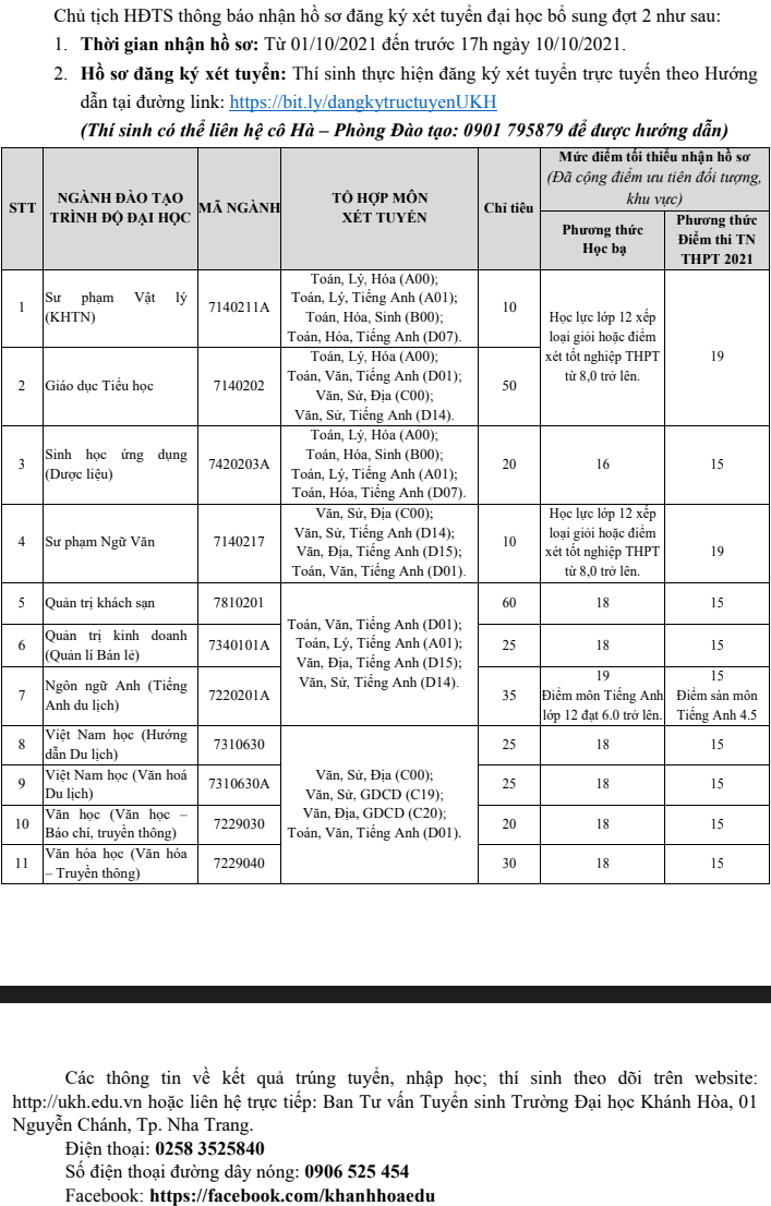 Dai hoc Khanh Hoa xet tuyen bo sung dot 2/2021