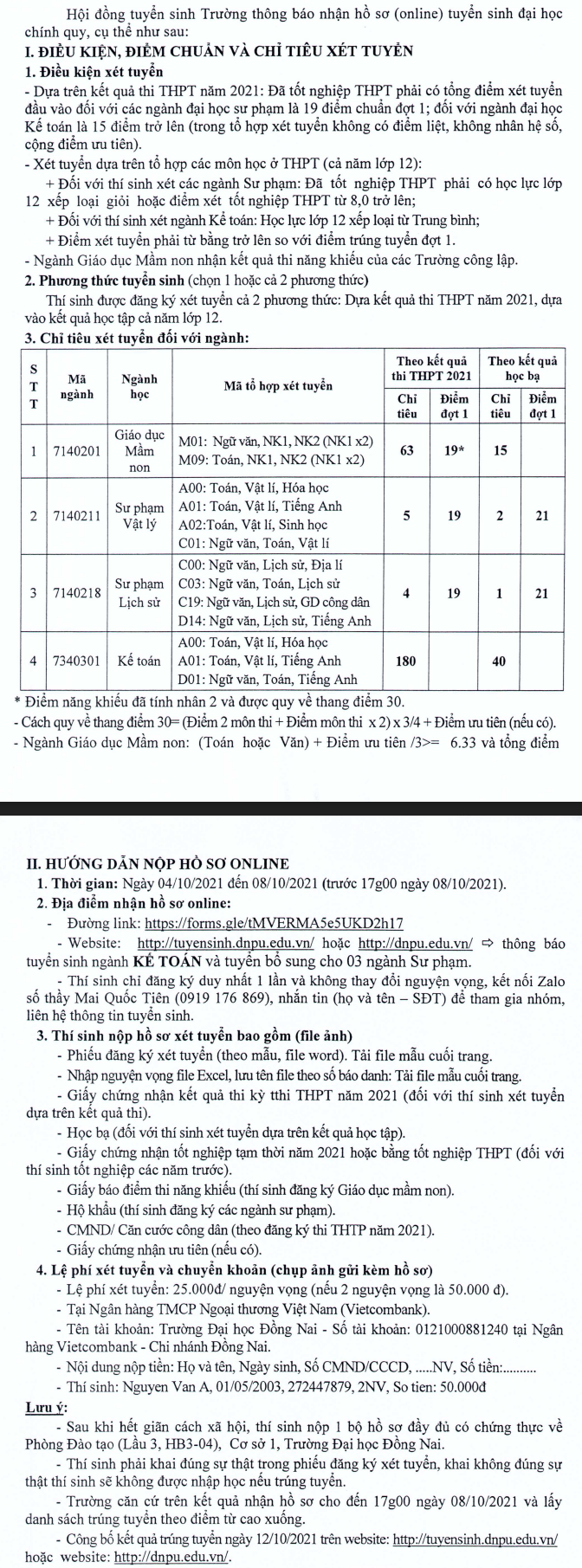 Xet tuyen bo sung vao Dai hoc Dong Nai nam 2021