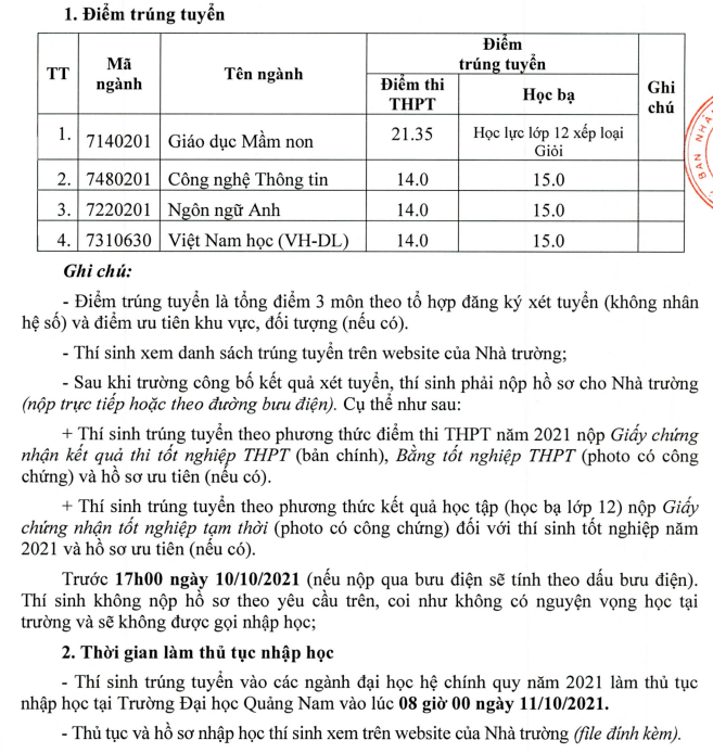 Diem chuan bo sung Dai hoc Quang Nam dot 1/2021