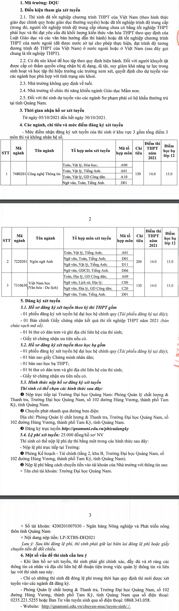 Dai hoc Quang Nam xet tuyen bo sung 2021 dot 2