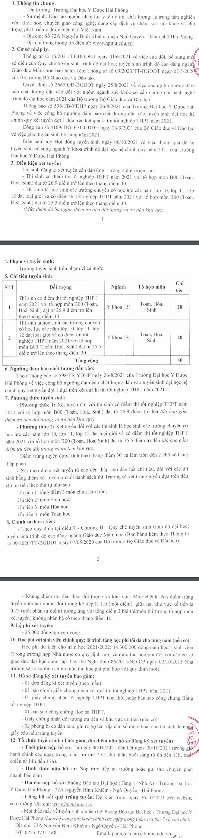 Dai hoc Y Duoc Hai Phong xet tuyen bo sung nam 2021