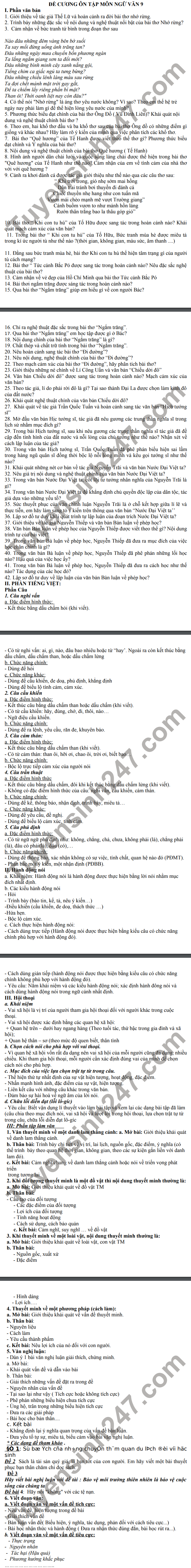 De cuong on thi KSCL dau nam Van 9 - THCS Hai Ba Trung 2021