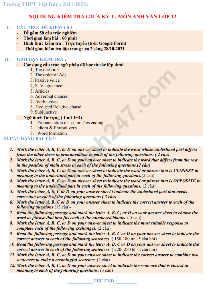 De cuong on tap giua ki 1 lop 12 mon Anh 2021 - THPT Viet Duc