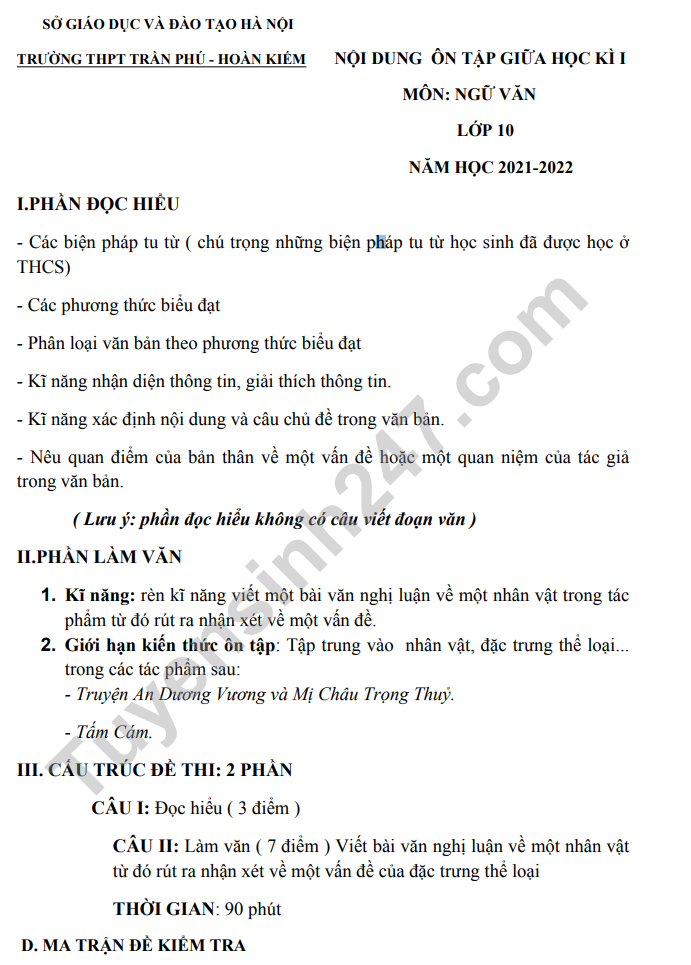 De cuong giua ki 1 lop 10 mon Van 2021 - THPT Tran Phu