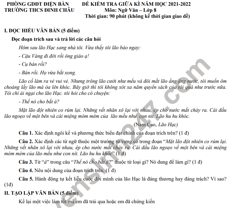 De thi giua ki 1 nam 2021 THCS Dinh Chau - lop 8 mon Van