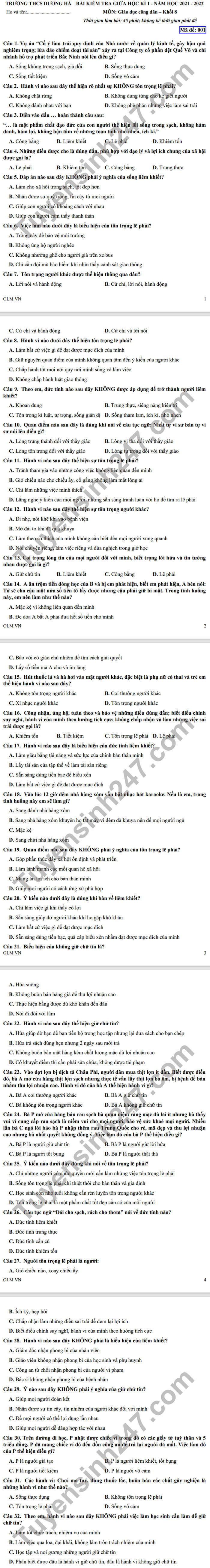 De thi giua ki 1 mon GDCD lop 8 - THCS Duong Ha nam 2021