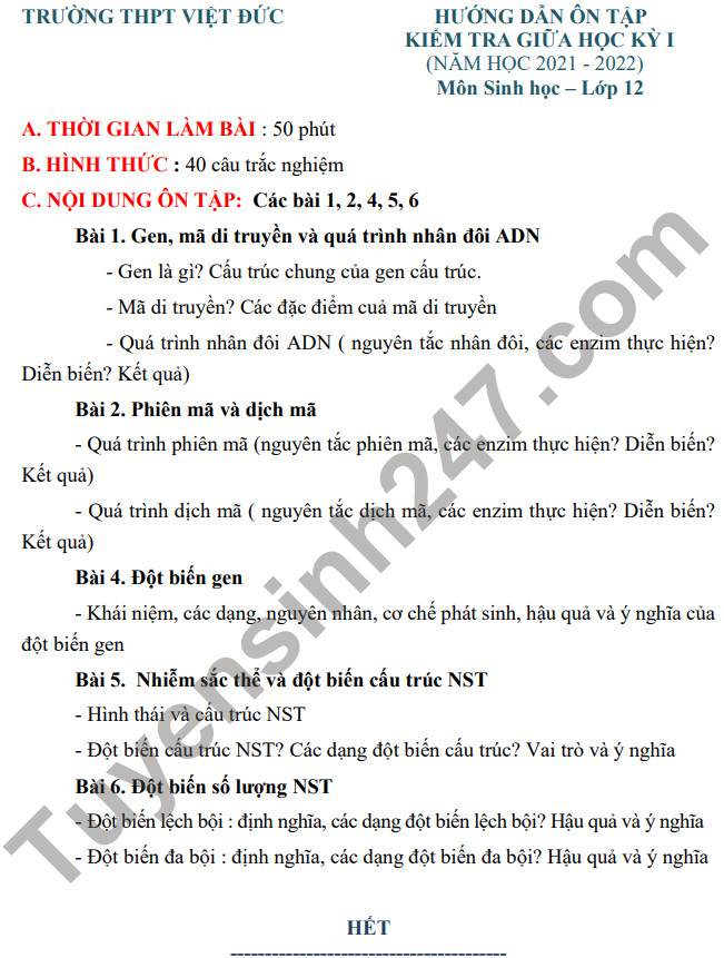 Huong dan on thi giua ki 1 Sinh lop 12 - THPT Viet Duc 2021
