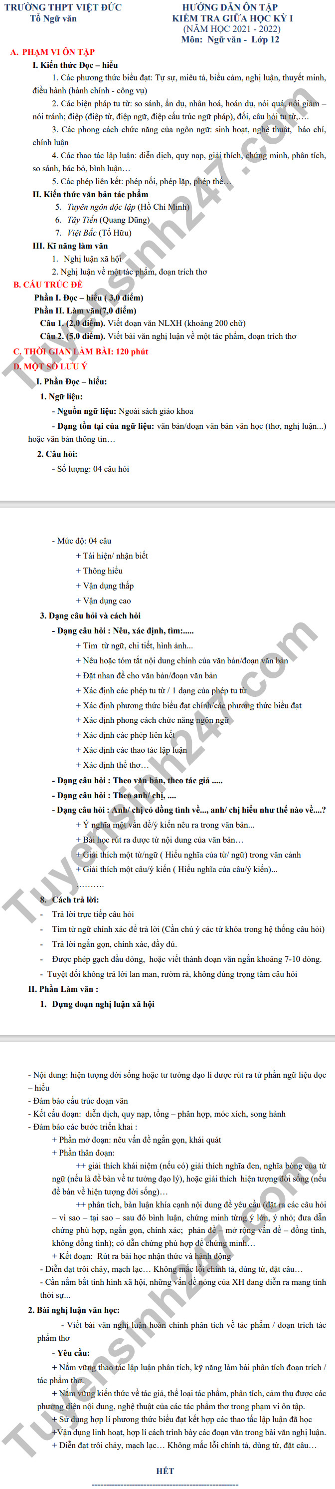 De cuong thi giua ki 1 Van lop 12 - THPT Viet Duc 2021