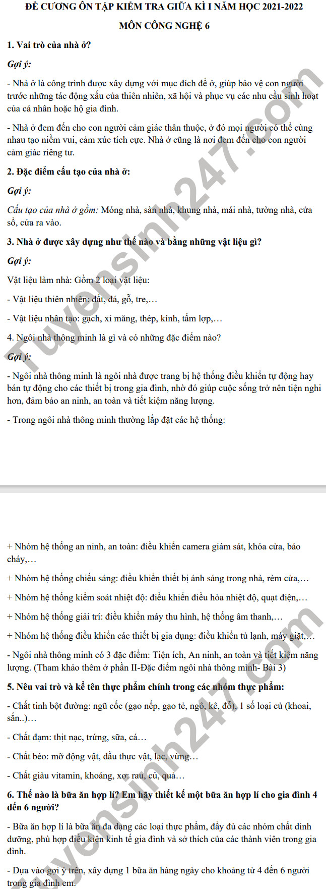 De cuong giua ki 1 Cong nghe lop 6 - THCS Doc Lap 2021