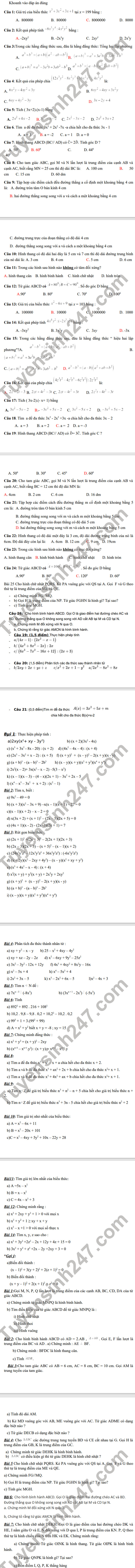 De cuong thi giua ki 1 nam 2021 THCS Doc Lap - lop 8 mon Toan