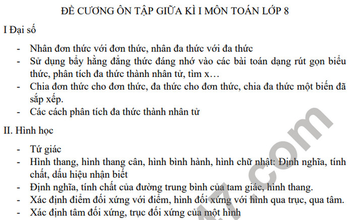 De cuong thi giua ki 1 nam 2021 THCS Doc Lap - lop 8 mon Toan