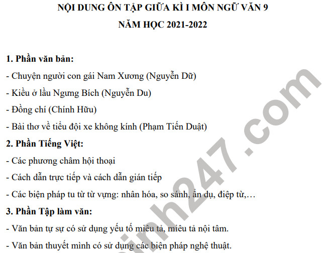 Noi dung on thi giua ki 1 nam 2021 THCS Doc Lap - lop 9 mon Van