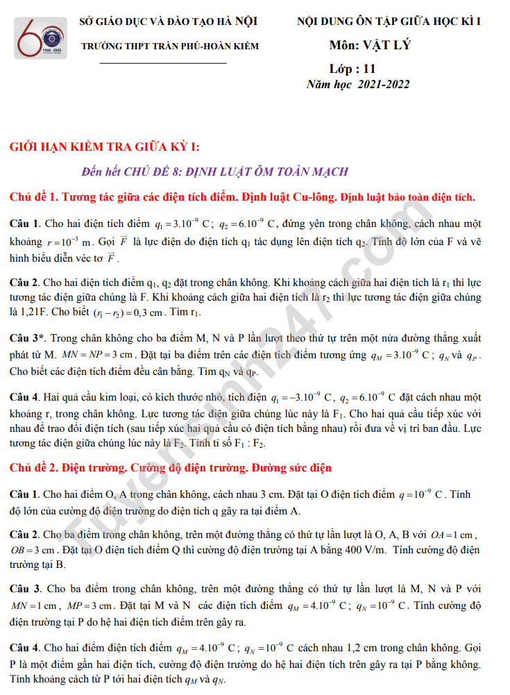 De cuong on tap giua ki 1 mon Ly lop 11 - THPT Tran Phu 2021