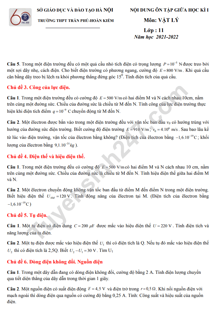 De cuong on tap giua ki 1 mon Ly lop 11 - THPT Tran Phu 2021