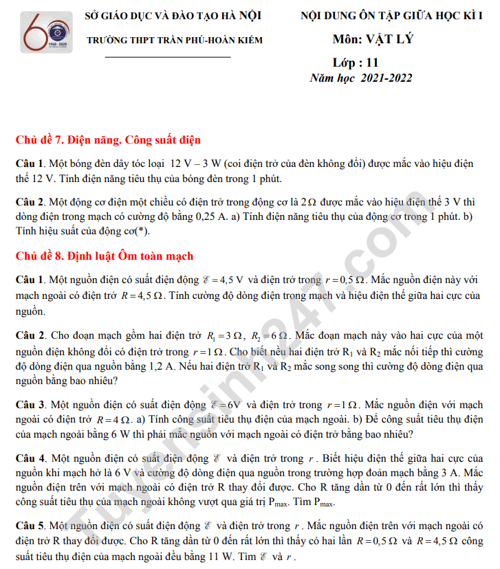 De cuong on tap giua ki 1 mon Ly lop 11 - THPT Tran Phu 2021