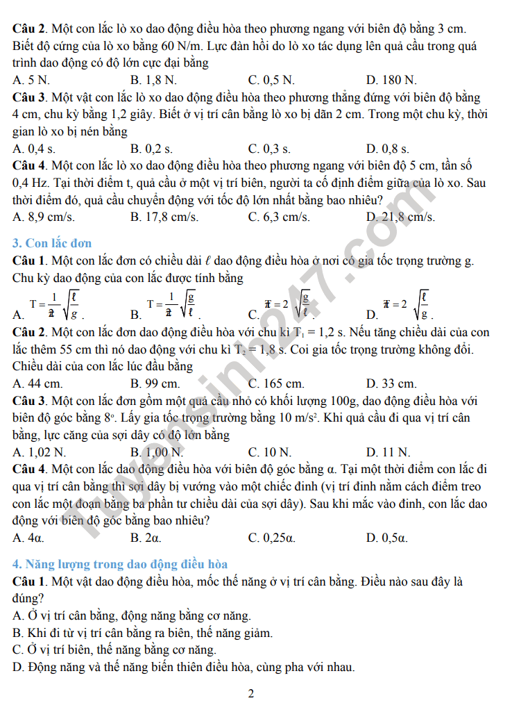 De cuong giua ki 1 mon Ly lop 12 - THPT Tran Phu 2021