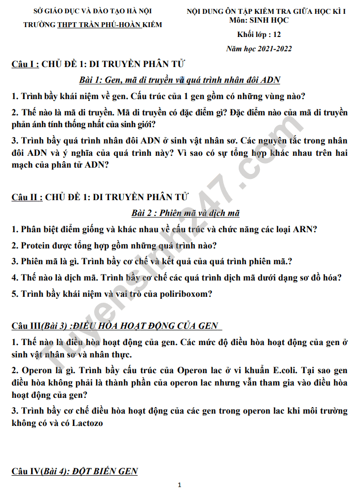 De cuong giua ki 1 mon Sinh lop 12 - THPT Tran Phu 2021