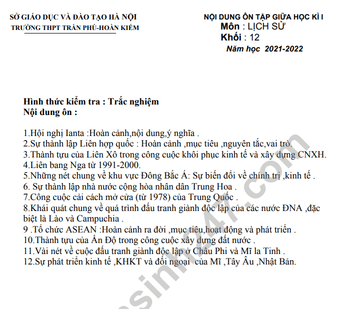 De cuong giua ki 1 mon Su lop 12 nam 2021 - THPT Tran Phu