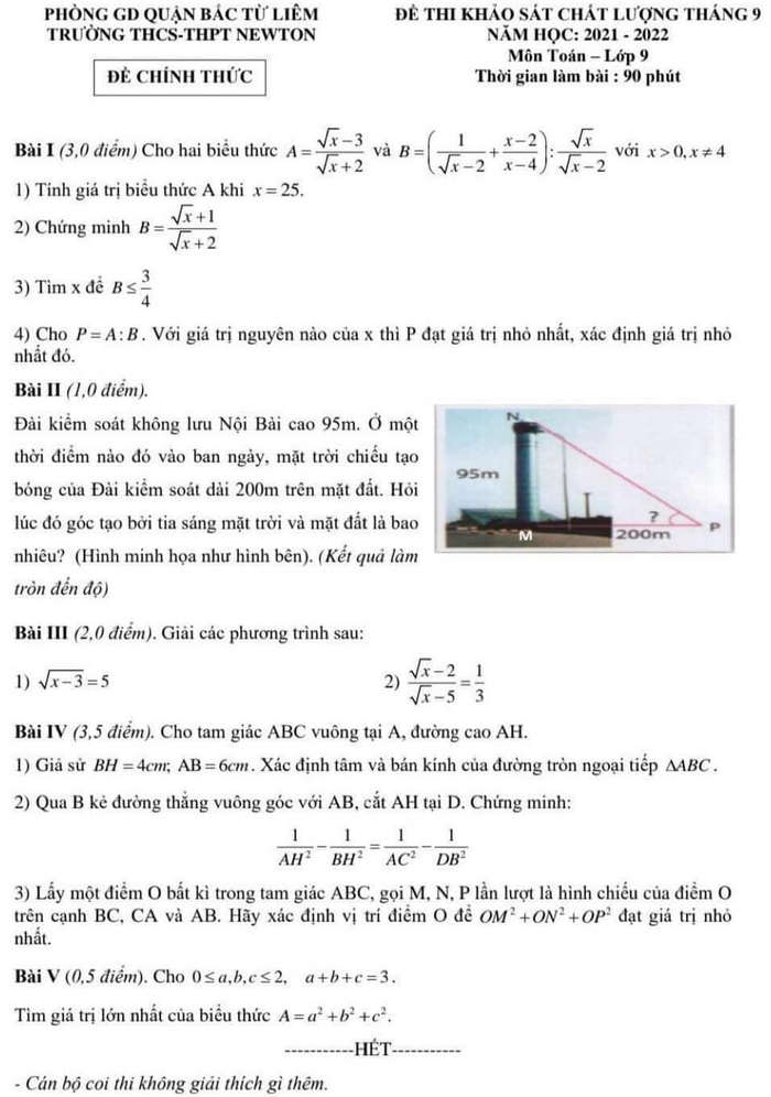 De thi giua ki 1 Toan 9 THCS-THPT Newton nam 2021