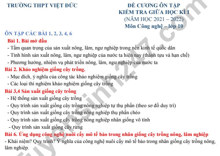 De cuong giua ki 1 Cong nghe lop 10 - THPT Viet Duc nam 2021