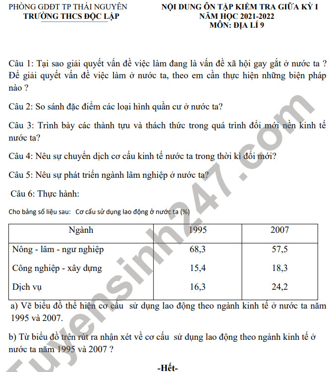 Noi dung on tap giua ki 1 THCS Doc Lap 2021 - lop 9 mon Dia