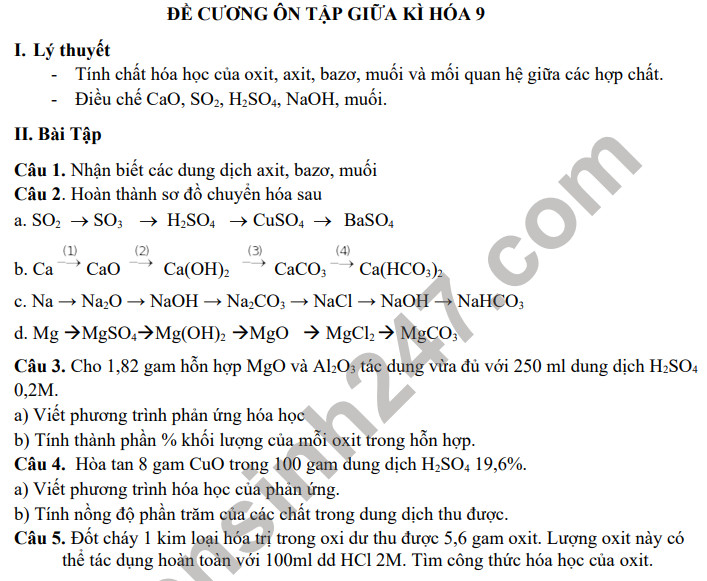 De cuong giua ki 1 nam 2021 THCS Doc Lap lop 9 mon Hoa