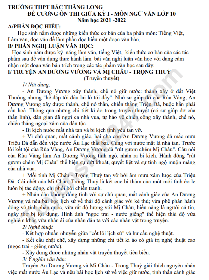 De cuong on thi giua ki 1 lop 10 mon Van 2021 - THPT Bac Thang Long