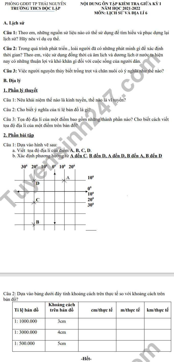 De cuong giua ki 1 mon Su-Dia lop 6 THCS Doc Lap nam 2021