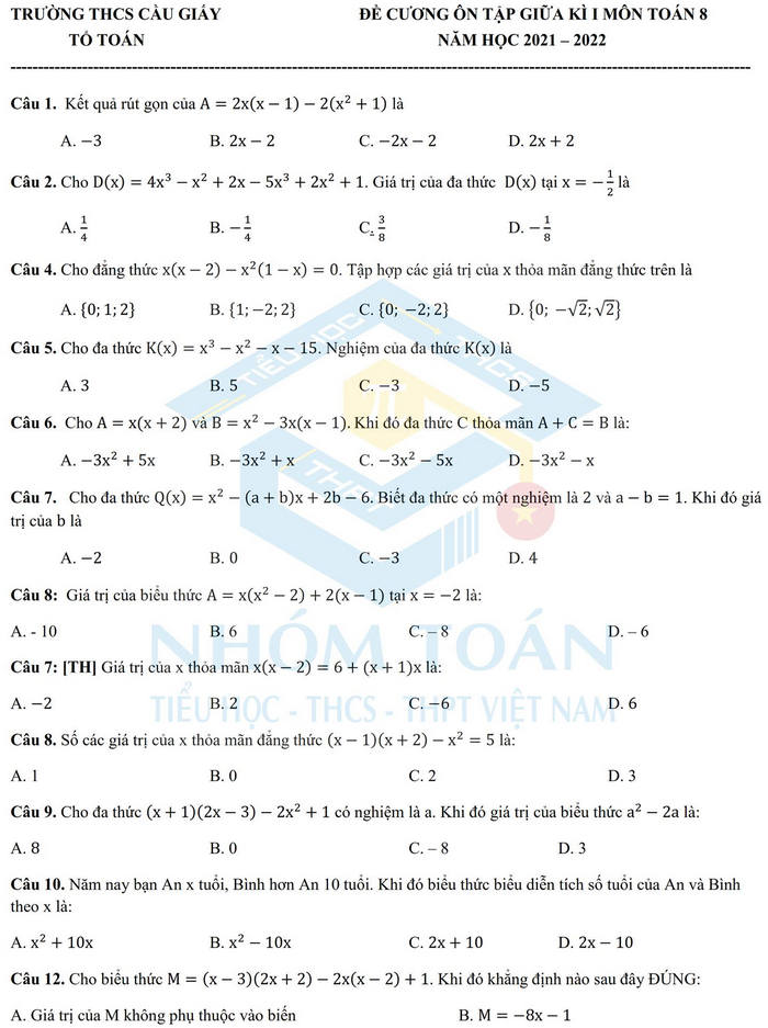 De cuong on tap giua ki 1 lop 8 mon Toan 2021 - THCS Cau Giay