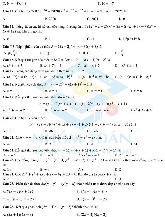 De cuong on tap giua ki 1 lop 8 mon Toan 2021 - THCS Cau Giay