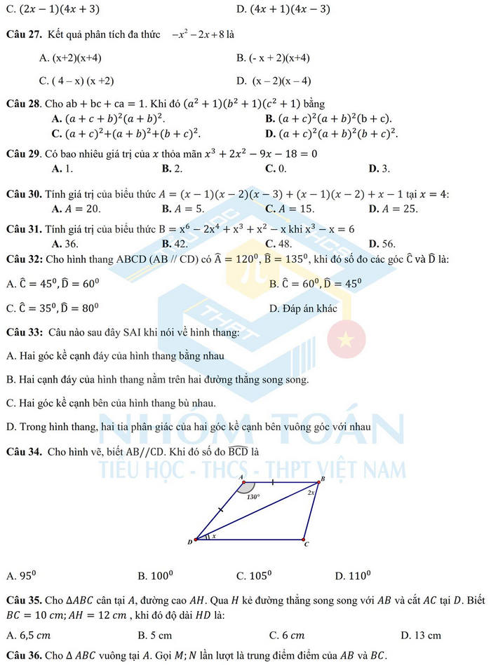 De cuong on tap giua ki 1 lop 8 mon Toan 2021 - THCS Cau Giay