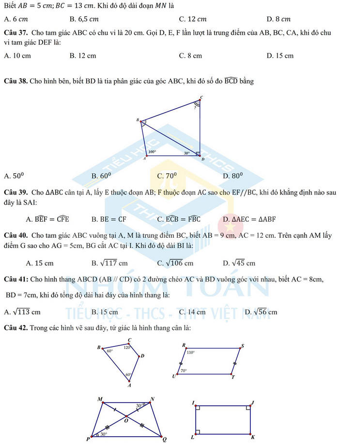 De cuong on tap giua ki 1 lop 8 mon Toan 2021 - THCS Cau Giay