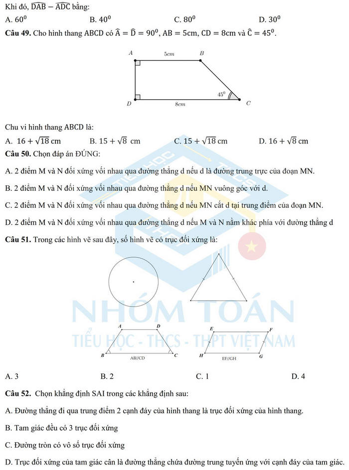 De cuong on tap giua ki 1 lop 8 mon Toan 2021 - THCS Cau Giay
